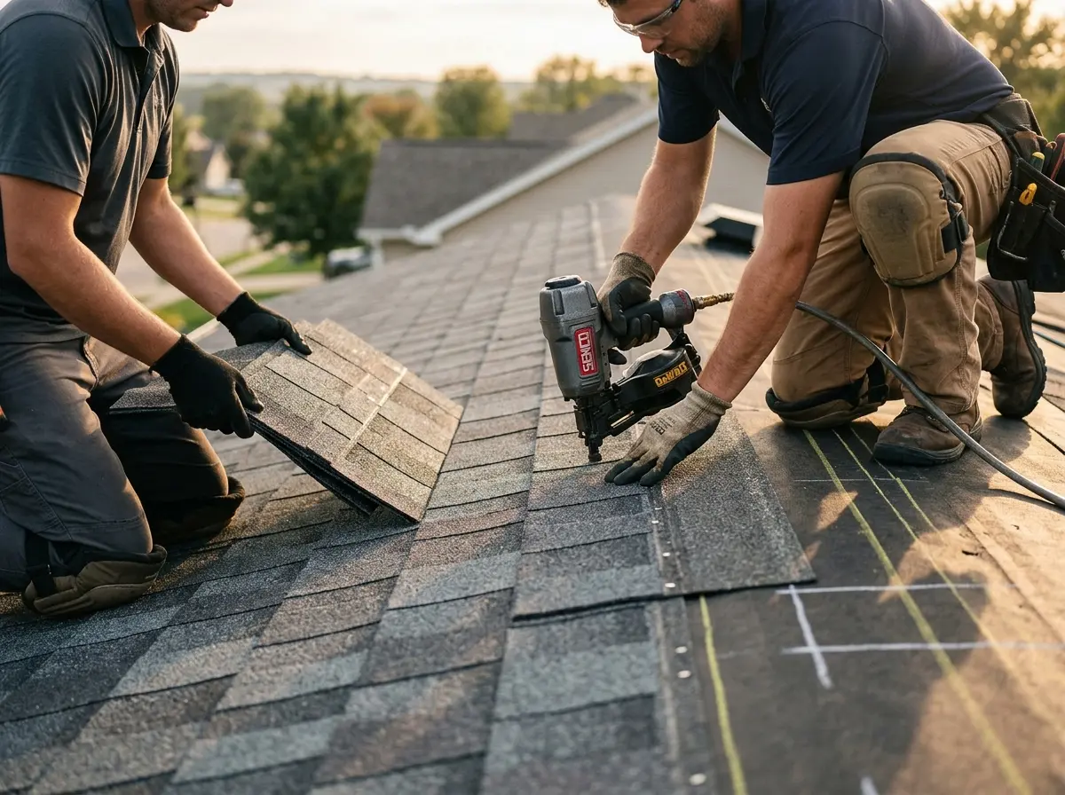 Professional roofer working on a residential roof in Robinwood